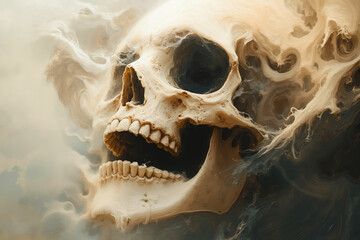 Naklejka premium A skull with a mouth open, surrounded by swirling, flowing patterns