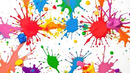 Colorful vibrant paint splashing in various directions on a white background, isolated, artistic design, liquid