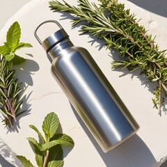 A stainless steel water bottle lying with leaves