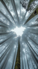 Tree trunks rise through fog into the canopy above the forest floor, wallpaper