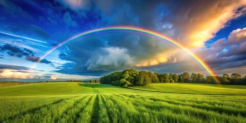 Naklejka premium Vibrant Rainbow Over Lush Green Field Under a Blue Sky - Nature Landscape with Copy Space for Banners and Text, Perfect for Nature Lovers and Outdoor Enthusiasts