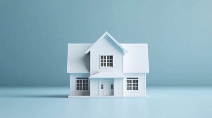 A minimalist, white model house stands on a light blue surface, symbolizing home, comfort, and modern design.