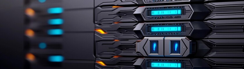 Obraz premium Close-up of digital servers with secure locks, blue LED indicators, high-tech metallic finishes, dimly lit background, representing secure and reliable digital infrastructure
