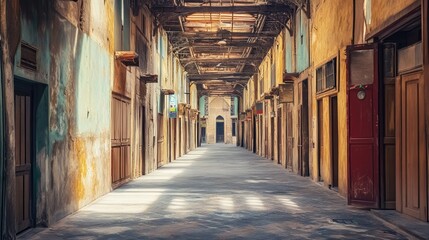 Abandoned Hallway with Vintage Doors and Lights