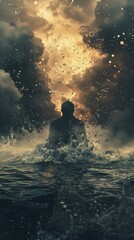 Fototapeta premium Silhouette of a Figure in a Stormy Sea: A Surreal and Dramatic Artwork