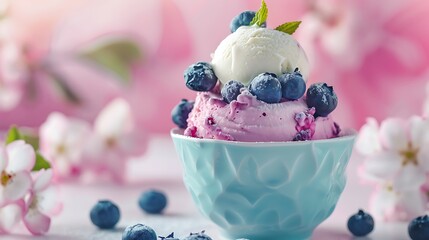 Delightful handmade blueberry dessert served with vanilla ice cream on a backdrop of pink and aqua