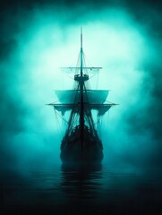 A mysterious ship emerges from a foggy sea, creating an eerie yet captivating atmosphere, This image can be used in themes of adventure, fantasy, or maritime storytelling,