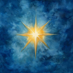 Bright Epiphany Star of Bethlehem on a blue watercolor background, symbolizing hope, guidance, and spiritual illumination for Three Kings' Day and Theophany celebrations