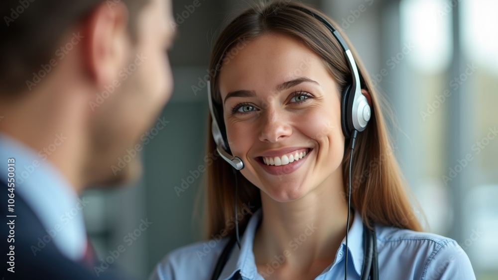 Poster a smiling customer service representative engages in a conversation at a modern office during workin