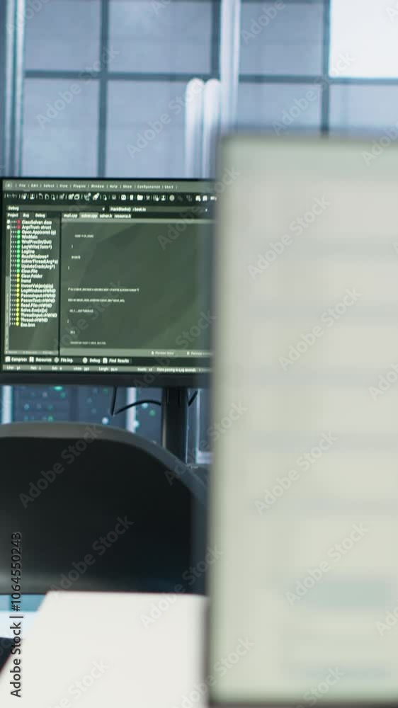 Poster computers in empty data center facility managing rackmounts energy consumption. close up of script o