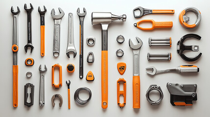 A collection of various tools such as hammers, wrenches, etc., with a white background