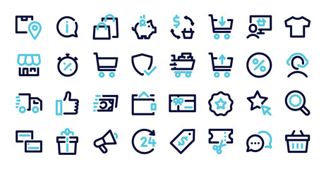E-commerce and Shopping Icon Set. Minimalist vector line graphic elements for online retail platforms, sales. Commerce business editable stroke symbols