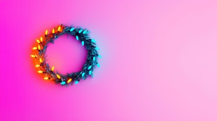 A colorful wreath made of vibrant lights displays a festive ambiance against a pink gradient background.