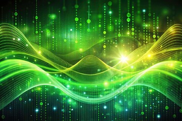 Wavy Green Binary Number Digital Background with High Depth of Field for Futuristic Technology and Data Concepts