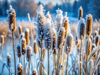 Fototapeta premium Winter's Embrace: Reedmace Frozen in Time - A Stunning Conceptual Photography Scene of Nature's Beauty and the Effects of Cold Weather on Natural Flora