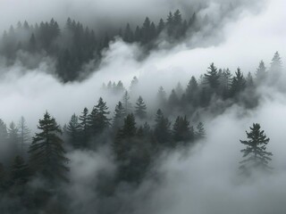 Dark and mysterious forest shrouded in thick fog, creating a hauntingly beautiful landscape, eerie, enchanting