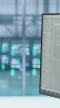 Interlinked computers in data center creating server network, using parallel computing to perform complex calculations and process large amounts of data, handheld camera shot