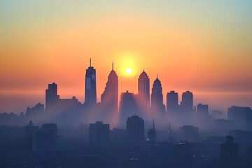 Fototapeta premium City skyline with morning haze, Monday morning, urban awakening