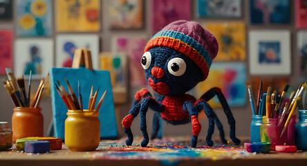 Naklejka premium A creative spider with a beret, painting a colorful canvas with its many legs, surrounded by art supplies.