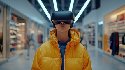 A young woman in VR headset walks through a store. The image showcases the potential of VR technology in retail, allowing customers to experience products virtually.