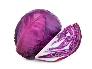 whole and half of purple cabbage vegetable isolated, png