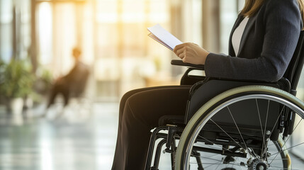 Businesswoman in wheelchair reading document in modern office