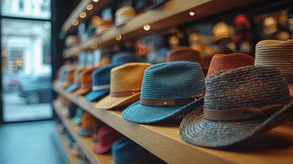 A variety of colorful hats are displayed on wooden shelves in a retail store.