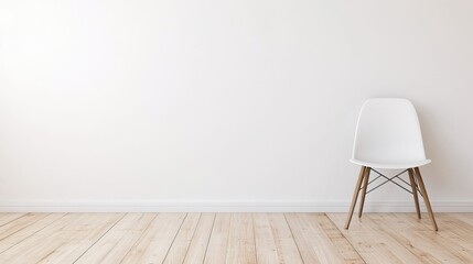 A minimalist interior scene featuring a white chair against a blank wall, with wooden flooring creating a clean and spacious atmosphere.