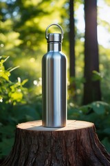 A stainless steel water bottle stand on tree cuttings