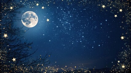 Fototapeta premium Dark blue night sky with twinkling stars and moon, surrounded by a frame of sparkling glitter bokeh, creating a magical atmosphere, sparkles, dark blue, celestial, night sky