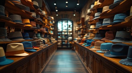 A narrow shop interior with shelves stocked full of hats in various styles and colors.