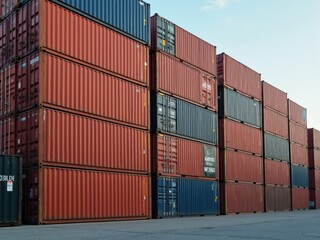 Shipping Containers Stacked High at a Busy Port During a Clear Afternoon, Highlighting the Industrial Logistics of Maritime Transport