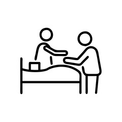 Simple, clean line art illustration of a nurse and patient icon, ideal for healthcare branding, digital design, educational materials, and medical websites.