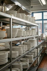 Organized stacks of white ceramic plates arranged on metal shelves in a bustling commercial kitchen, highlighting cleanliness and efficiency