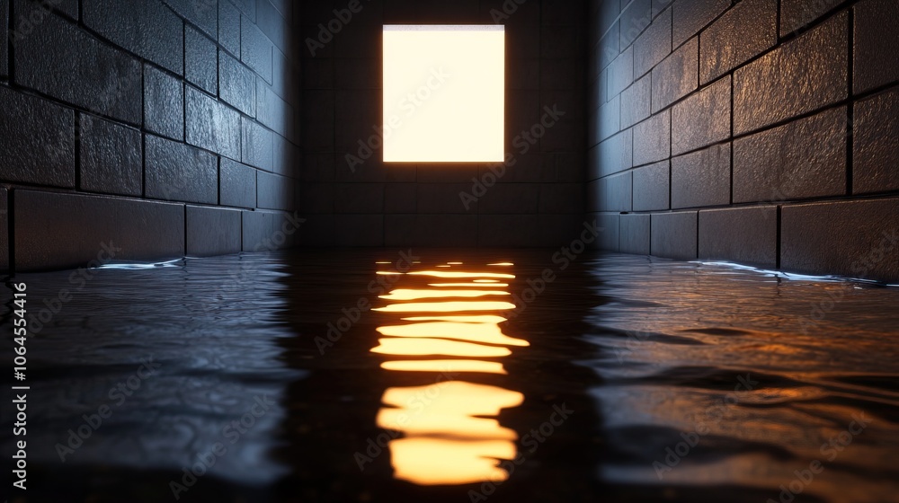 Poster a dimly lit corridor with water reflecting light from a bright square opening, creating an atmospher