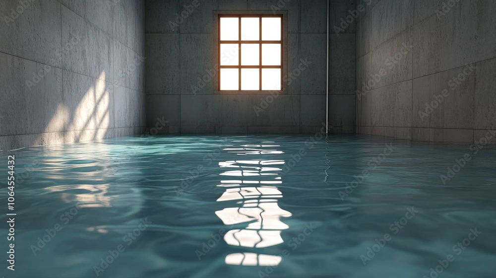 Poster a serene, flooded room with gray walls and soft light filtering through a window, creating a tranqui