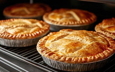 Freshly baked pies golden brown in a warm oven, showcasing flaky crusts and inviting aromas.
