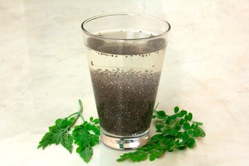 A glass of chia seeds soaked overnight in water, with fresh moringa leaves beside it for a natural, vibrant touch. This nutrient-rich, hydrating superfood drink is perfect for wellness and health-focu