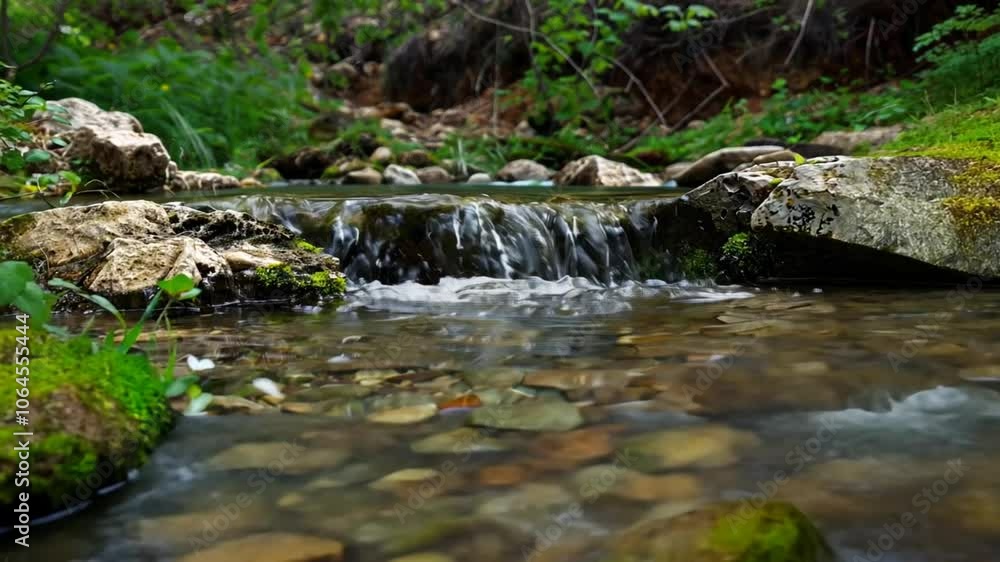 Poster Tranquil stream flowing over rocks with lush green foliage. Animation looping video background. Generated with AI