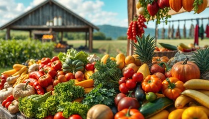 Fresh harvest display at a rustic farm stand with vibrant fruits and vegetables against a backdrop of a wooden barn and rolling hills, showcasing local agricultural abundance
