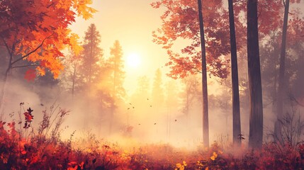 Misty Autumn Forest at Sunrise