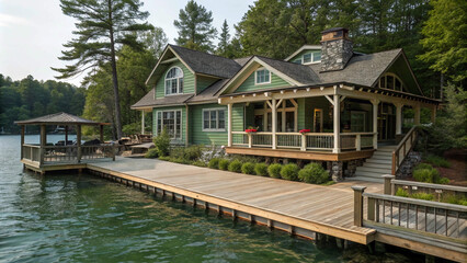 Fototapeta premium Dockside domicile: A grand house offering direct lake access and stunning views from every angle.”