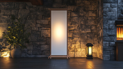 Obraz premium Mockup. Stone Facade, Evening Lighting, Rustic Ambiance