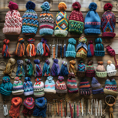 A Display of Diverse, Hand-knitted Apparel on a Rustic Wooden Table