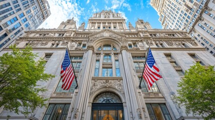 Obraz premium Historic Building with American Flags and Ornate Architecture
