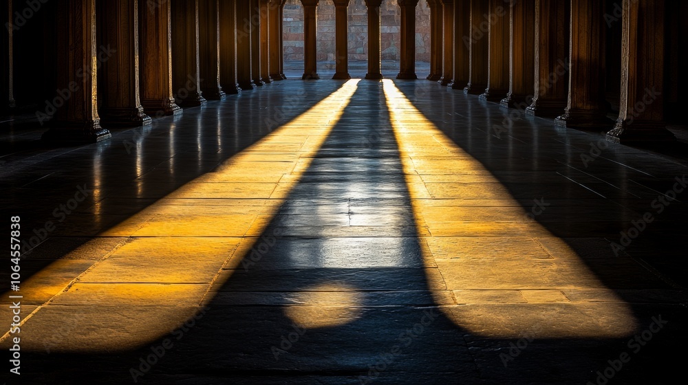Poster sunlight beams through colonnade architectural shadow patterns