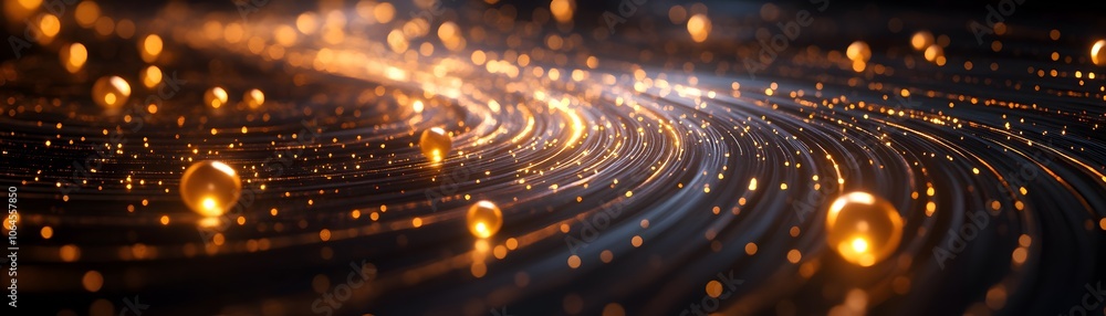Poster abstract curved lines with glowing orbs and bokeh lights