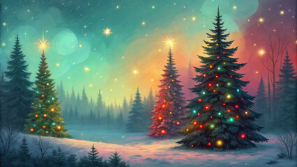 Whimsical Forest with Glowing Christmas Trees, A Magical Painting for Holiday Cards or Wall Art.