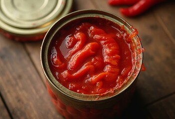 Open Canned Red Pimentos in Liquid, Bright Strips, Top-Down View
