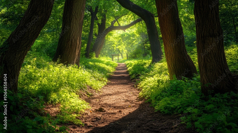 Poster sunlit forest path with lush greenery and sunlight through trees